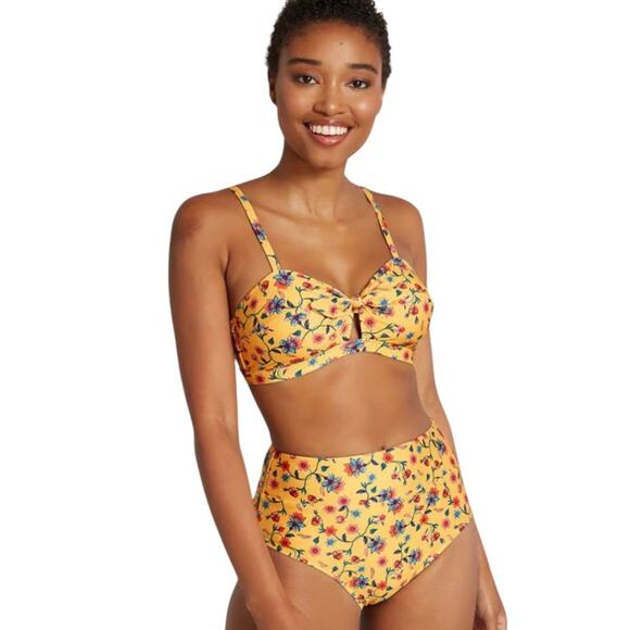ModCloth NIP Sara Retro Charm Yellow Print High-Waisted Bikini Bottom Size XL - Picture 2 of 14